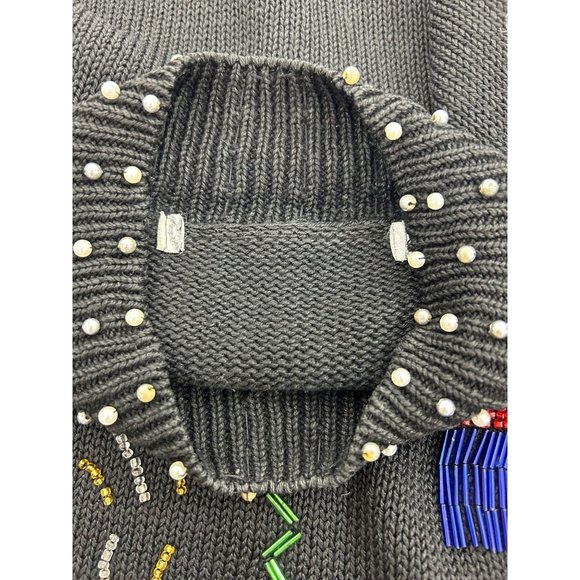 Christmas Tunic Sweater Victoria Jones Vintage 90’s M/L Black Beaded Pearls Mock - Picture 8 of 17